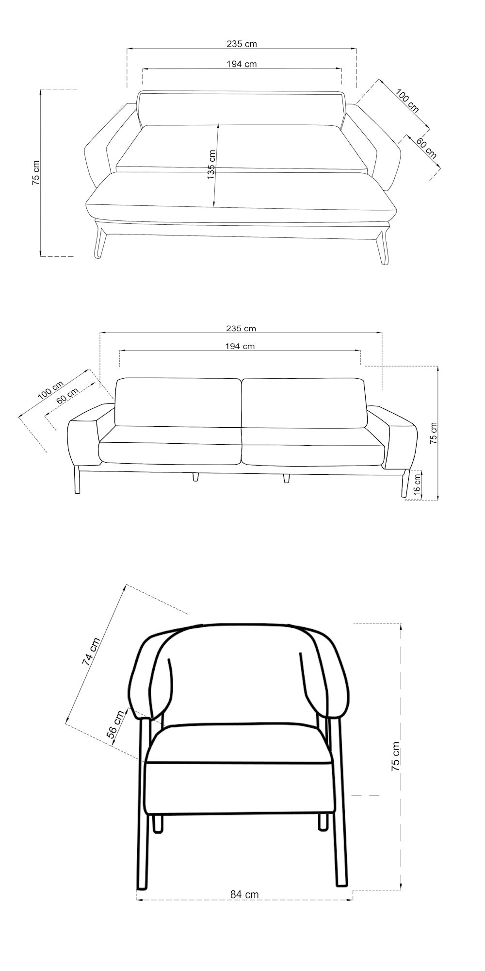 Angora-Sofa-Set (3 Betten + 3 + Sessel)