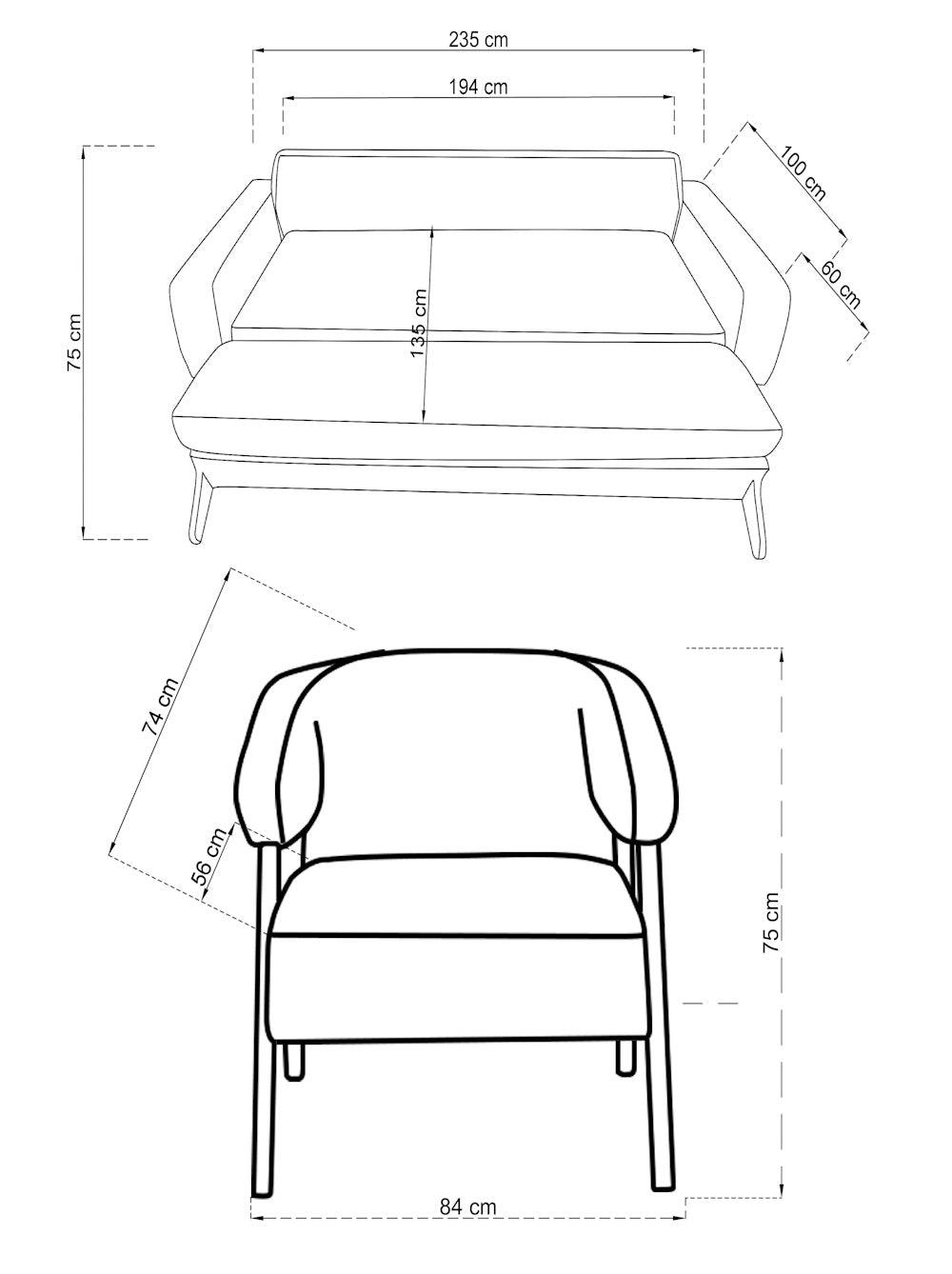 Angora-Sofa-Set (3 Betten + Sessel)